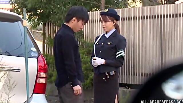 Naughty cop Akiho Yoshizawa has fun with a dick in the car