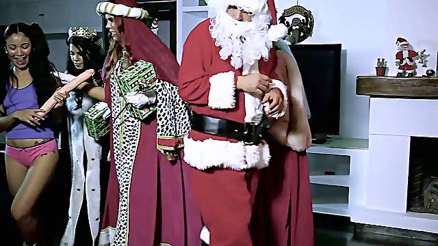 Perverted Santa fucks several bad girls and cums on their faces