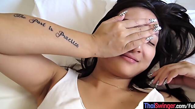 Good morning sex with hairy pussy of amateur Asian girlfriend named Pancake