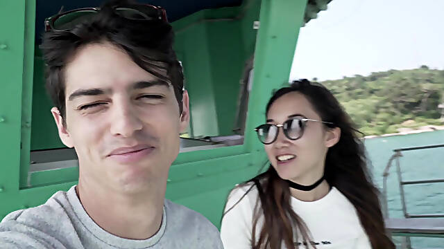 Adventurous asian Luna X having sex on the rocky beach