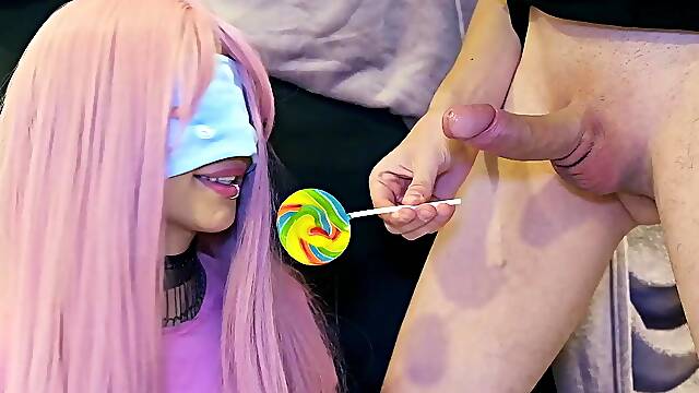 Daring pink-haired babe plays guess the taste with sweets and cocks