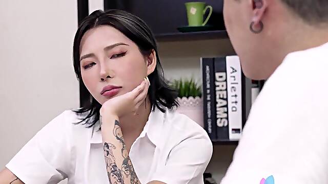 Chinese horny chick with big tit Stacy sucks cock and gets stuffed with it.