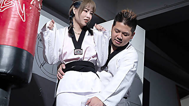 Japanise cutie fucks with karate instructor in the gym