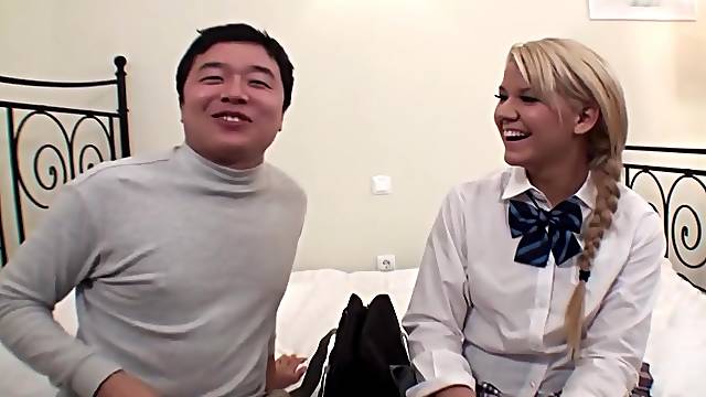 Asian men pleasures fucking young blonde chick in mouth and pussy