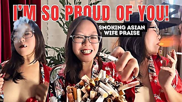 ChainSmoking Asian Wife JOI: Praising While Smoking 2 Cigarettes + Topless Nipple Ash Burn