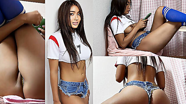Thong Short Shorts Ass, Thighs, Legs, and Spill Out Big Tits From Mini T-shirt, View Girls' Room in Japan From Under the Desk