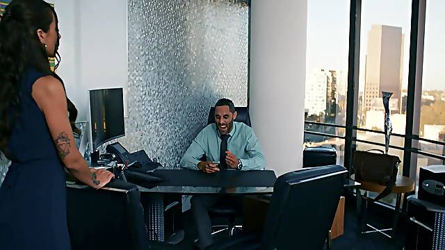 Asian brunette Vanessa Sky gets fucked in the office by Lucky Fate